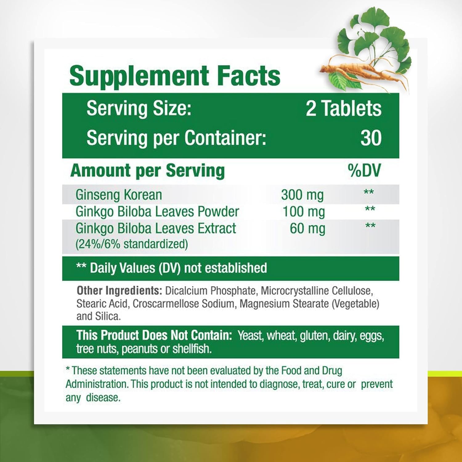 GreeNatr Ginkgo Biloba & Panax Ginseng Tablets for Memory, Focus, Vision, Immune System - 120 Count