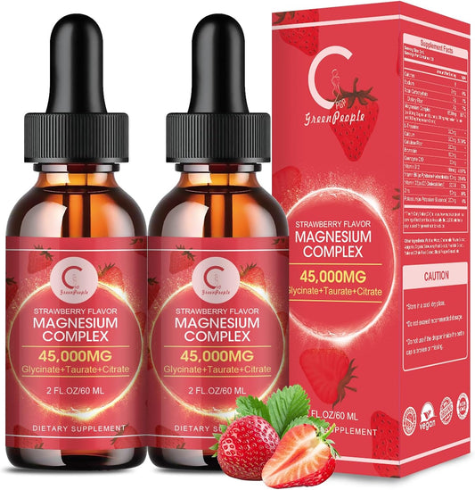 GreenPeople GPGP Triple Magnesium Complex Liquid Drops (2 Pack) with Calcium & Potassium for Energy, Sleep, Muscle Support - Strawberry Flavor, Sugar Free - 4 Fl OZ