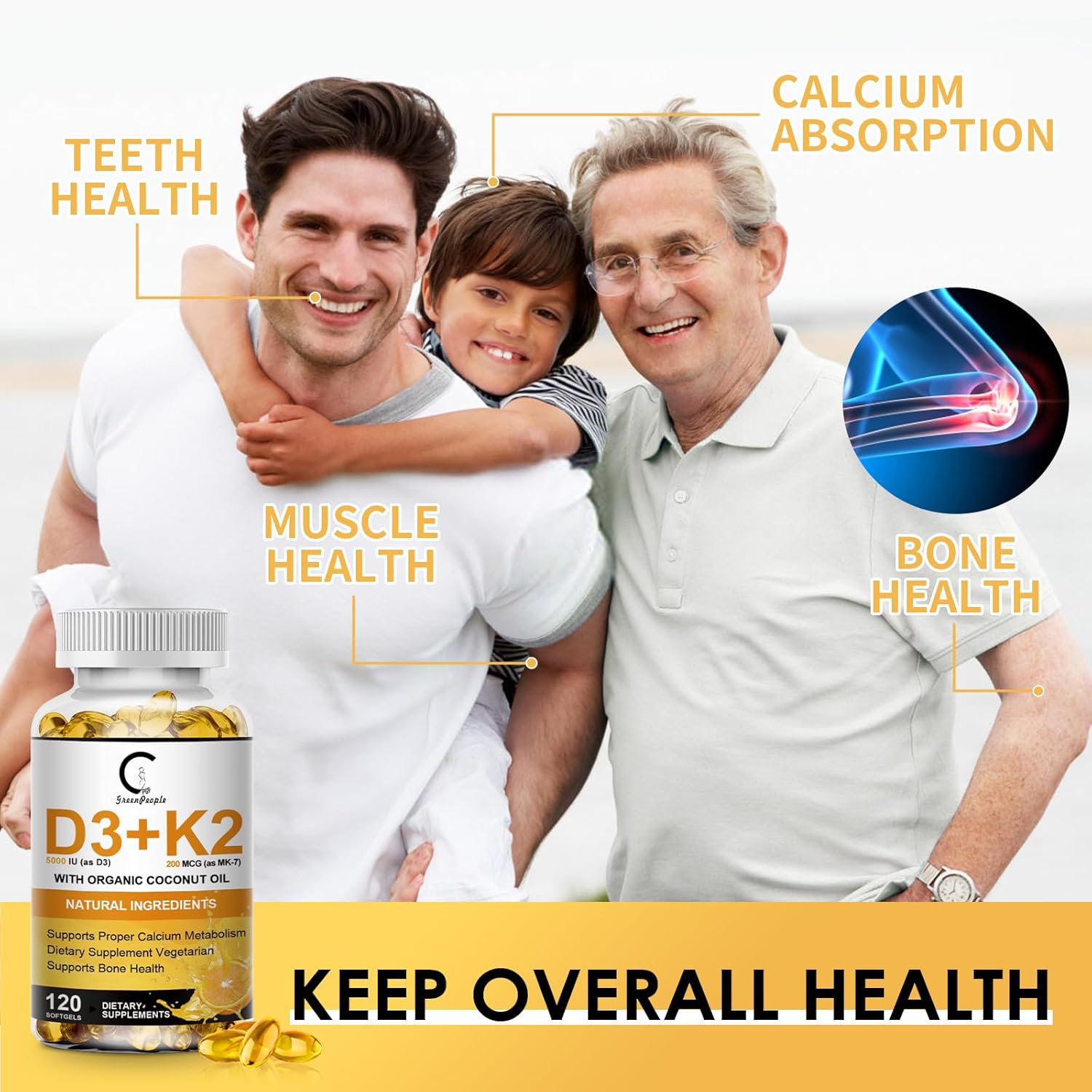 GreenPeople GPGP Vitamin D3 K2 Supplement - 5000 IU D3, 200 mcg K2 MK-7, Coconut Oil - Plant-Based Formula for Bone, Teeth, Muscle, Immune Health - 120 Softgels