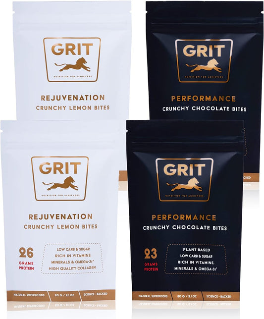 GRIT Superfoods Nutrition Bites Sampler Pack - High Protein Pre-Workout Supplements - Muscle-Building and Endurance Support - Gluten Free, Keto Friendly - 60g, 4 Pack