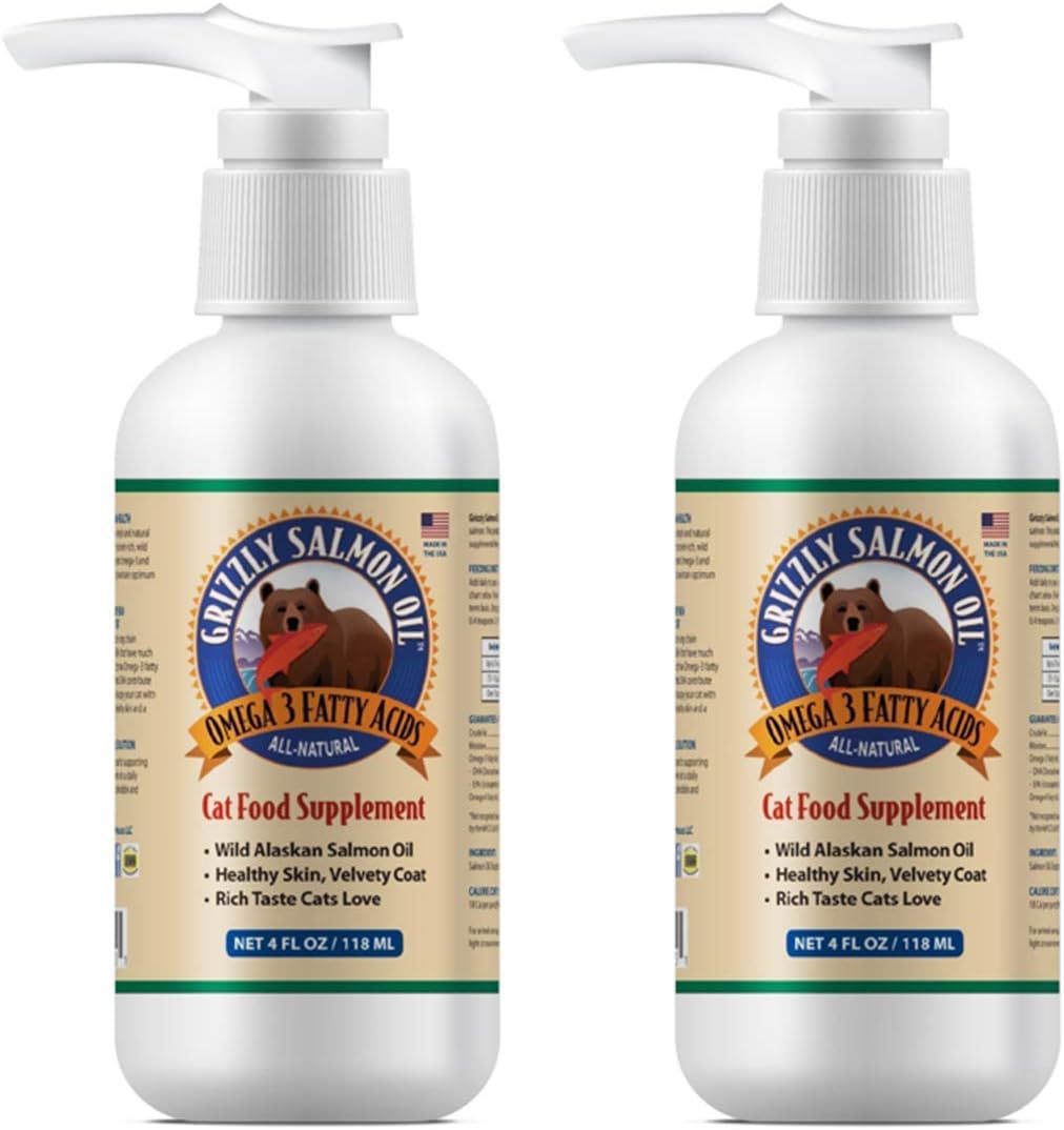 Grizzly 2 Pack Salmon Oil Cat Food Supplement, All-Natural Omega 3 Fatty Acids, 4 Ounces/bottle