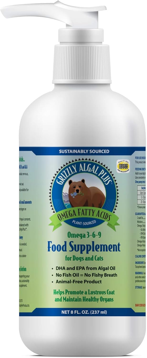 Grizzly Algal Plus Omega Fatty Acids Supplement for Dogs & Cats 8 Fl Oz - All-Natural Vegan Algal Oil Omega 3-6-9 for Healthy Skin & Coat - Made in USA