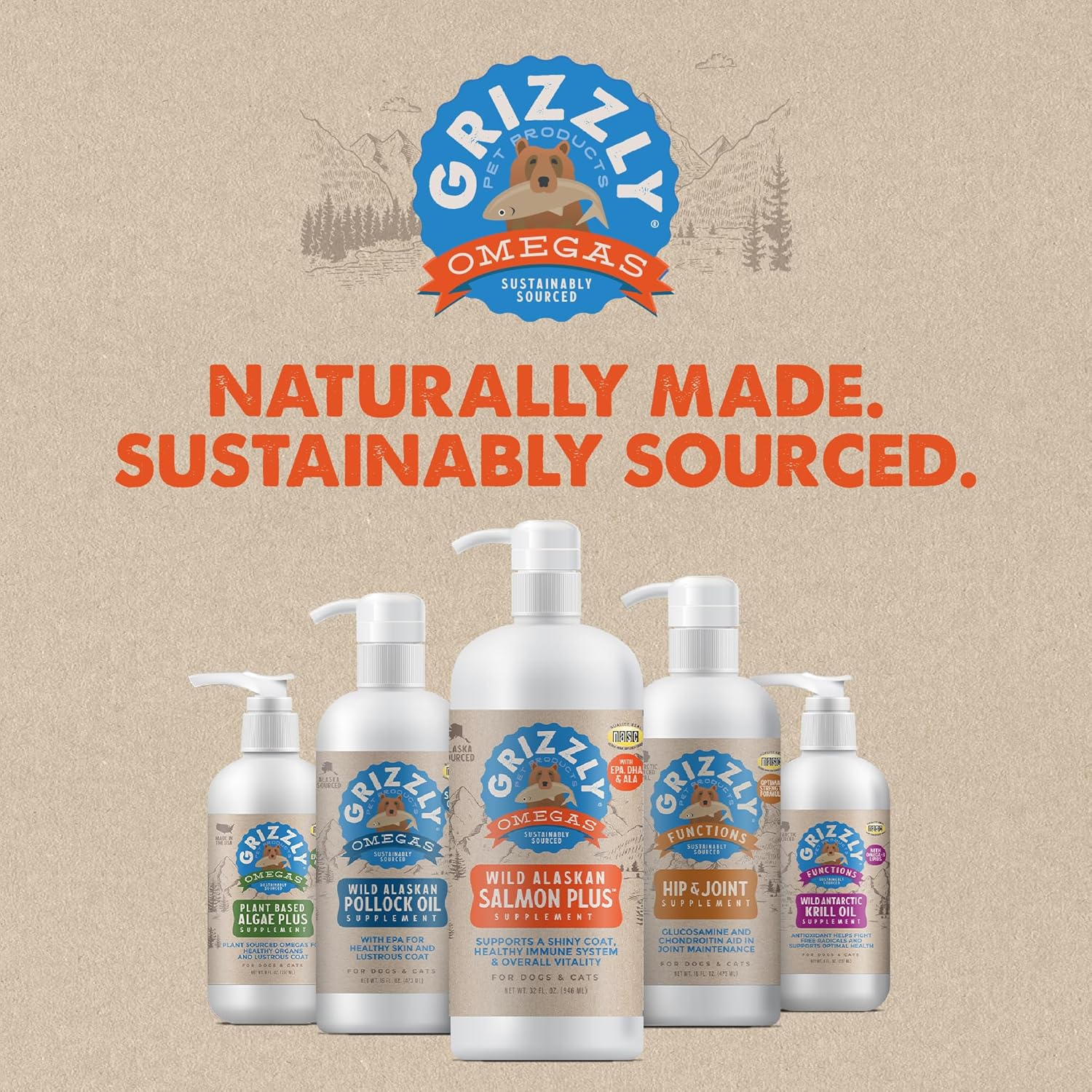Grizzly All-Natural Wild Alaskan Salmon Oil Dog Food Supplement - Omega 3 Fatty Acids - 32 oz Bottle