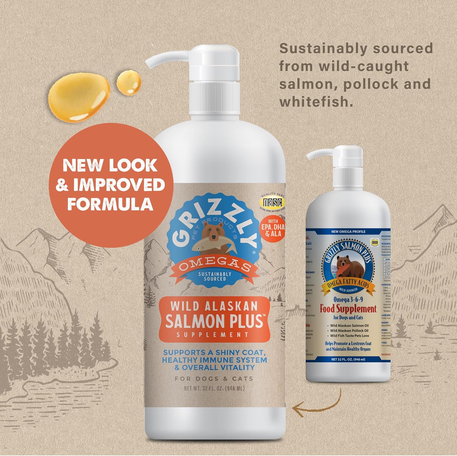 Grizzly All-Natural Wild Alaskan Salmon Oil Dog Food Supplement - Omega 3 Fatty Acids - 32 oz Bottle
