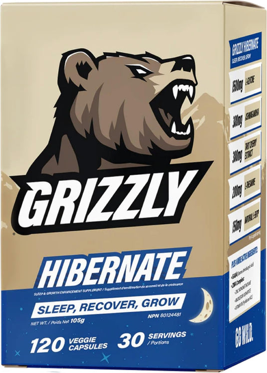 Grizzly Hibernate Sleep Supplement for Post-Workout Growth & Muscle Recovery - Ashwagandha, L-Theanine, GABA, 5HTP, Magnesium, Zinc - 120 Count