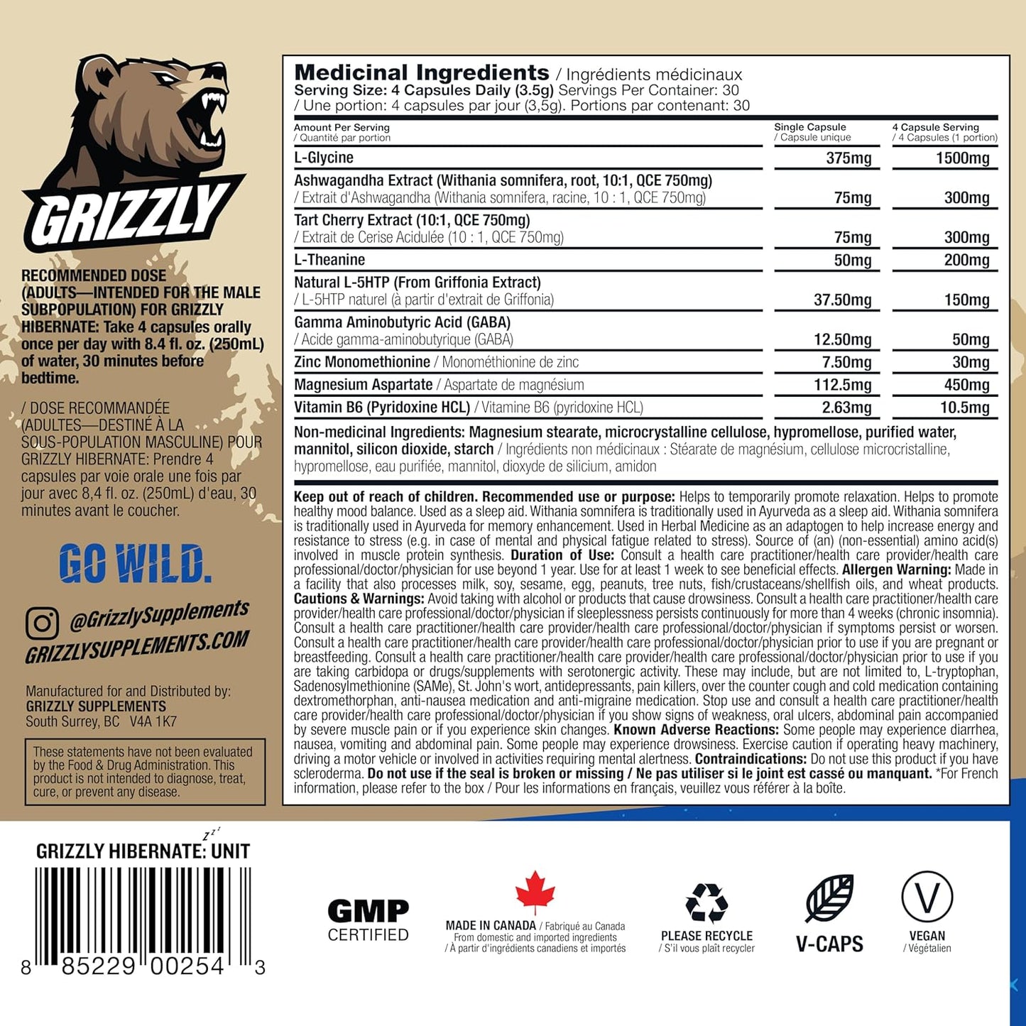 Grizzly Hibernate Sleep Supplement for Post-Workout Growth & Muscle Recovery - Ashwagandha, L-Theanine, GABA, 5HTP, Magnesium, Zinc - 120 Count