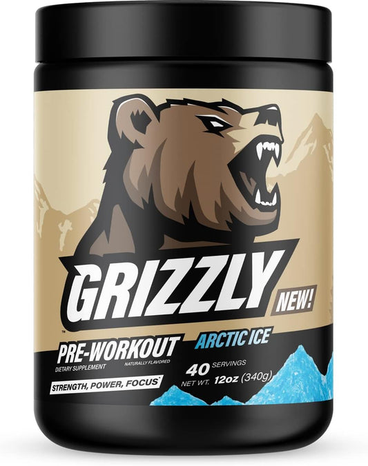 Grizzly Pre Workout Powder - Essential Aminos, L-Citrulline, Beta Alanine, Caffeine - Energy Drink Mix for Power & Focus - Arctic Ice - 40 Servings