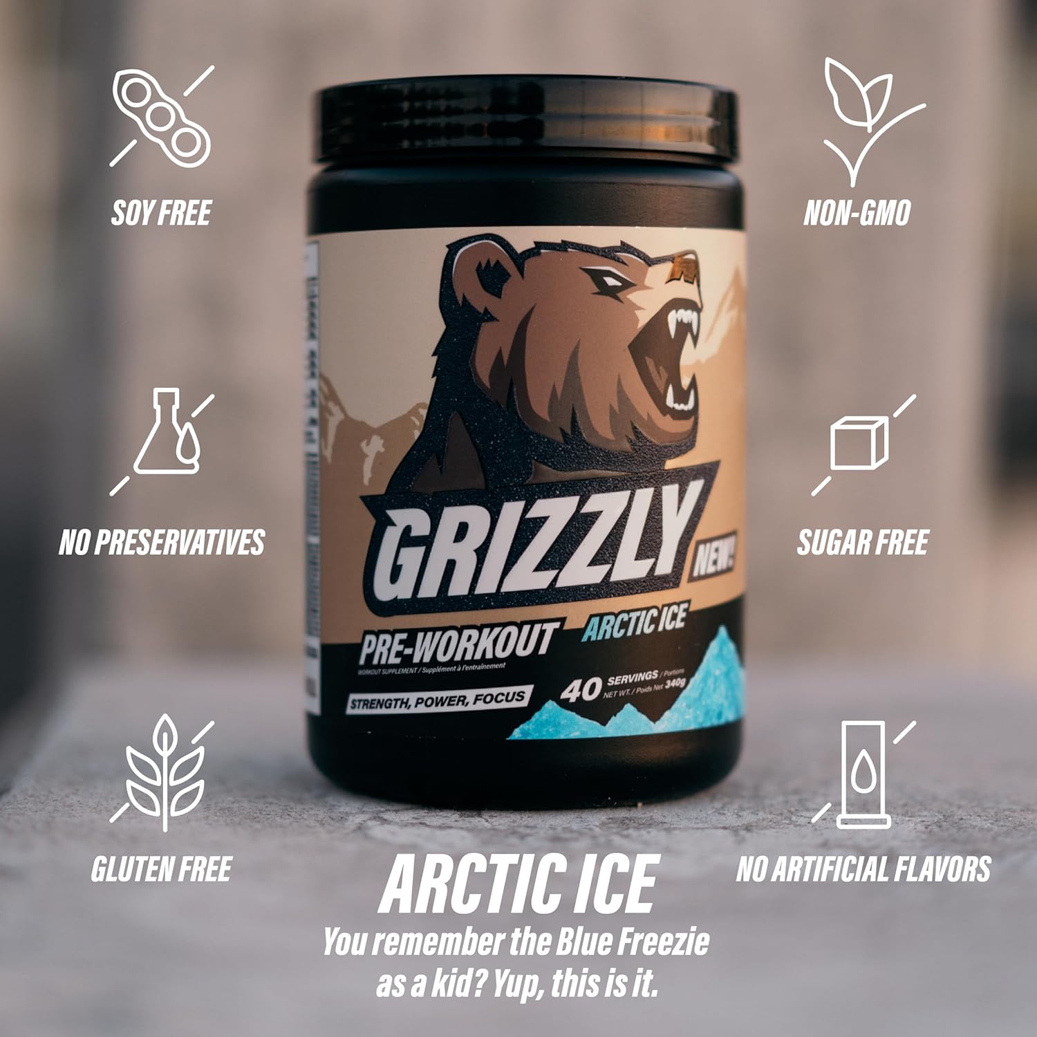 Grizzly Pre Workout Powder - Essential Aminos, L-Citrulline, Beta Alanine, Caffeine - Energy Drink Mix for Power & Focus - Arctic Ice - 40 Servings
