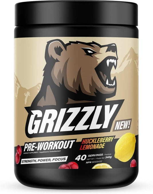 GRIZZLY Pre Workout Powder with Aminos & Caffeine - Energy Drink Mix for Power & Focus - Huckleberry Lemonade - 40 Servings