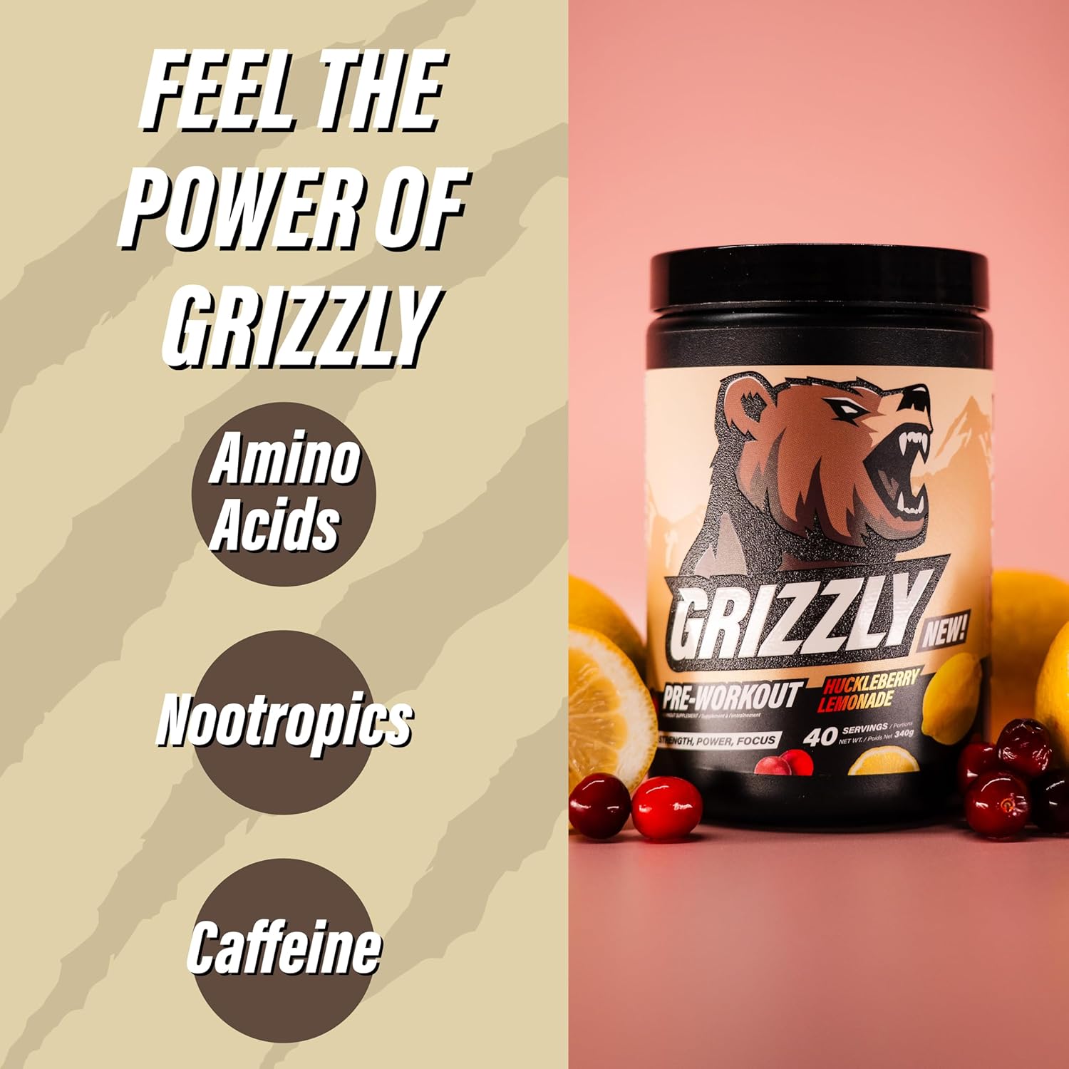 GRIZZLY Pre Workout Powder with Aminos & Caffeine - Energy Drink Mix for Power & Focus - Huckleberry Lemonade - 40 Servings