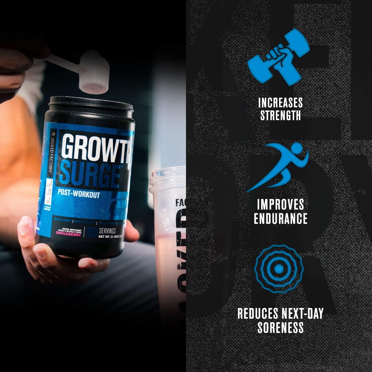 Growth Surge Creatine Post-Workout Supplement with L-Carnitine - Muscle Builder & Recovery Aid with Creatine Monohydrate, Betaine, L-Carnitine L-Tartrate - 60 Servings, Swoleberry Flavor
