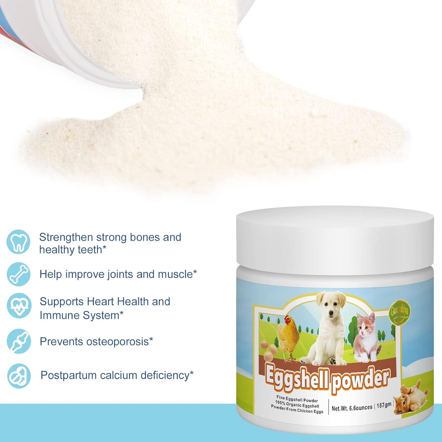 Guanshiya Eggshell Powder Calcium Supplement (6.6 oz) for Dogs & Cats - Promotes Strong Bones, Healthy Joints, & Teeth, Safe Bone Meal Alternative