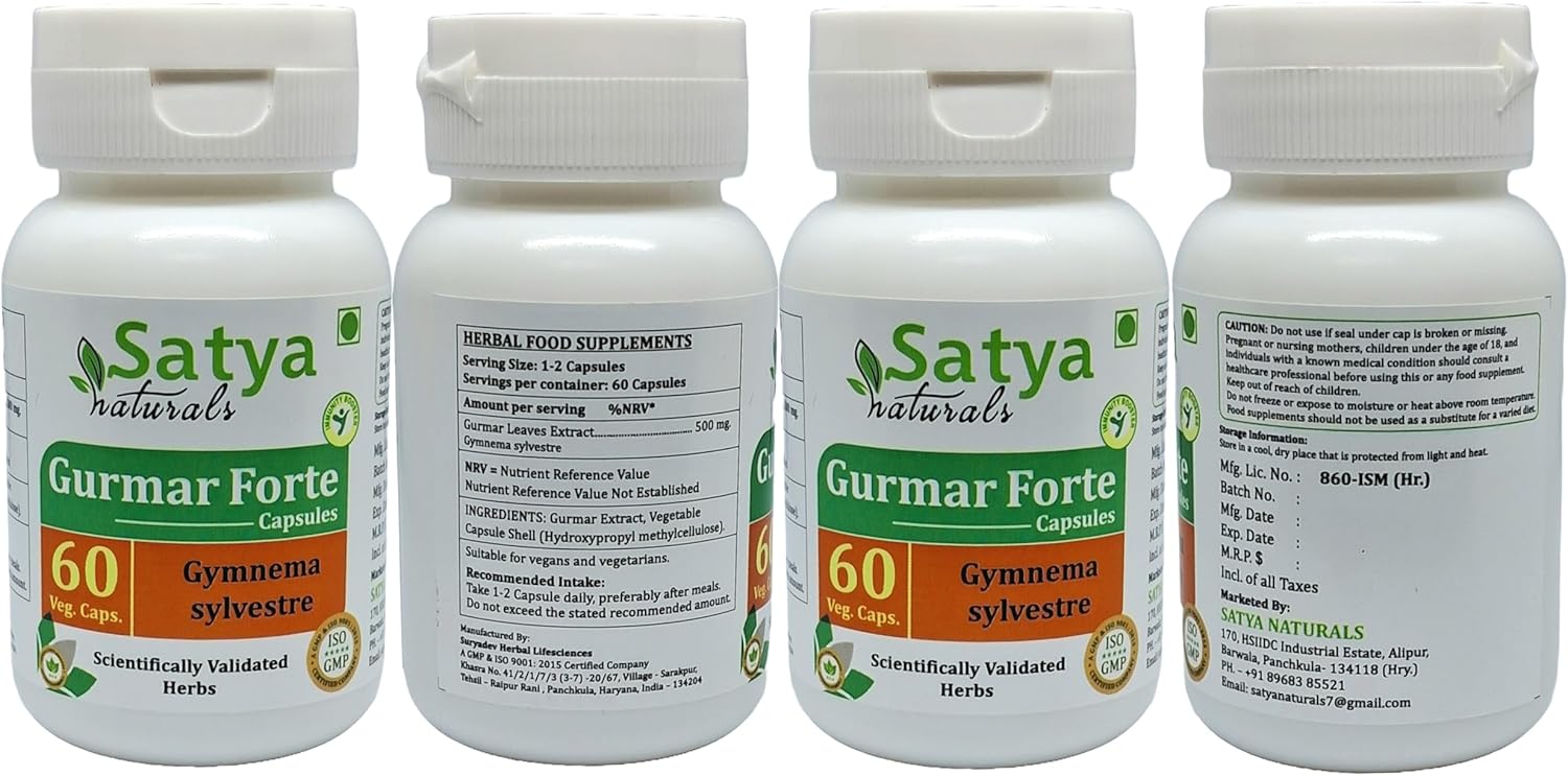 Gudmar Forte Capsules 500mg - Gymnema Sylvestre Extract for Men and Women | Ayurvedic Herbal Supplement | 4 Bottles of 60 Capsules