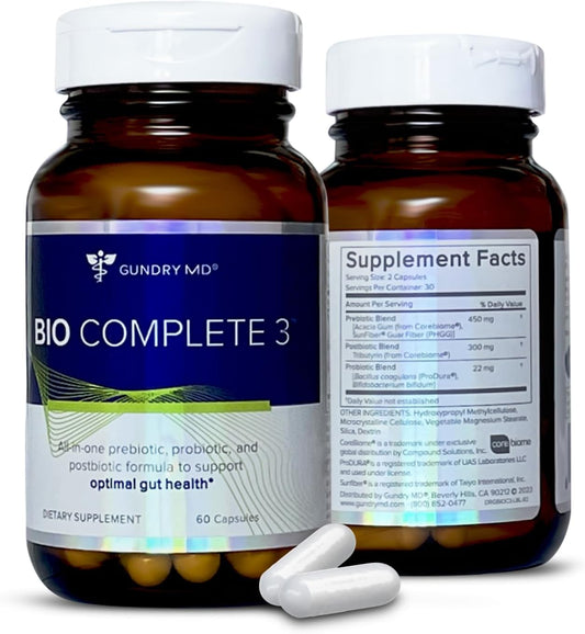 Gundry MD 3-in-1 Probiotic Supplement for Gut Health, Digestion, Bloating, Energy, Skin, and Focus - 30-Day Supply