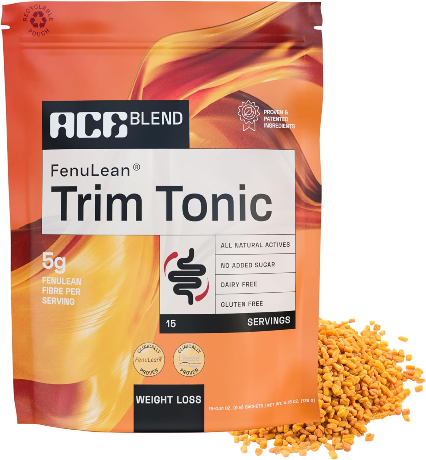 Gut Health Fiber Boost with Ace Blend Trim Tonic - 15 Servings, Psyllium-Free, Soluble and Insoluble, 15 Sachets