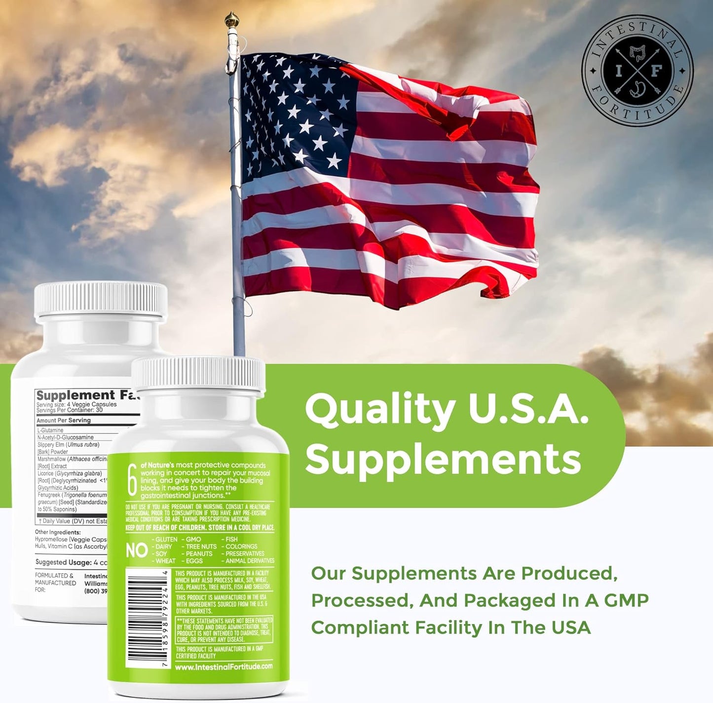 Gut Lining Repair Supplement for Intestinal Health - Vegan Gut Repair with L-Glutamine, Slippery Elm, DGL Licorice Root, Marshmallow Root, Fenugreek - IBS, IBD, GERD - Intestinal Fortitude GLR-6