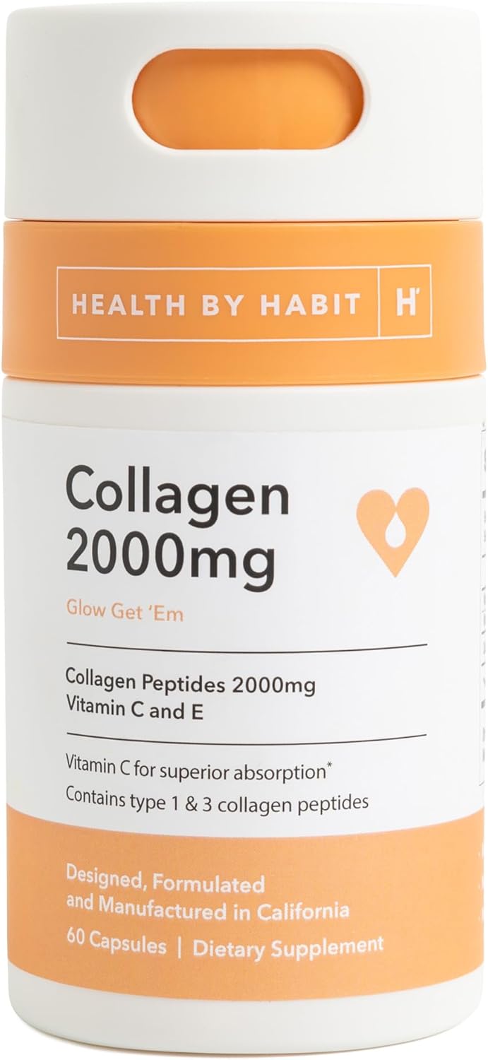 H' Habit Health Collagen Supplement - 60 Capsules, 2000mg Collagen Peptides with Vitamin C & E, Skin Support, Superior Absorption, Non-GMO, Sugar Free - 1 Pack