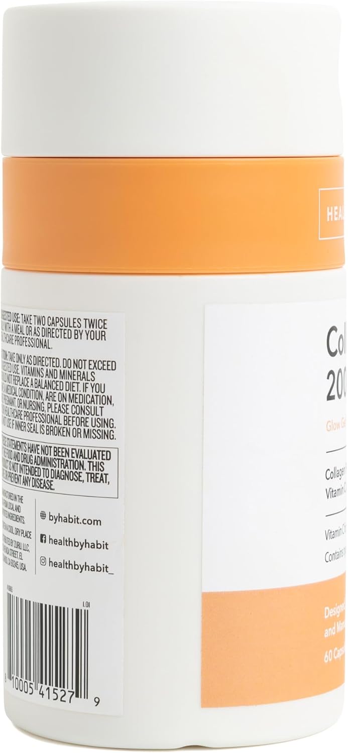 H' Habit Health Collagen Supplement - 60 Capsules, 2000mg Collagen Peptides with Vitamin C & E, Skin Support, Superior Absorption, Non-GMO, Sugar Free - 1 Pack