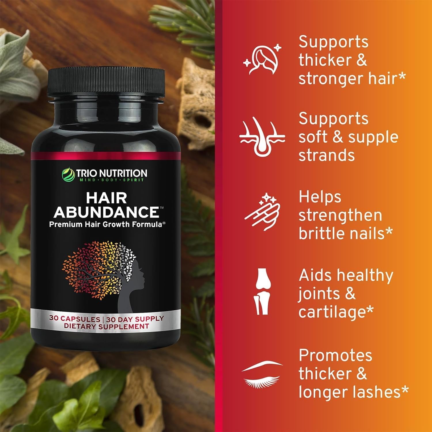 Hair Abundance Trio: Natural Hair Growth Supplement with Collagen, Keratin, Biotin 10000mcg for Strong Nails and Smooth Skin - 30 Day Supply