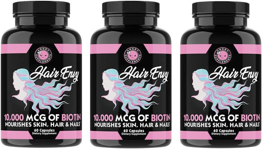 Hair Envy: Biotin + Keratin Supplement for Hair Growth, Nail Strength, and Skin Nourishment - 10,000 mcg (3-Bottles)