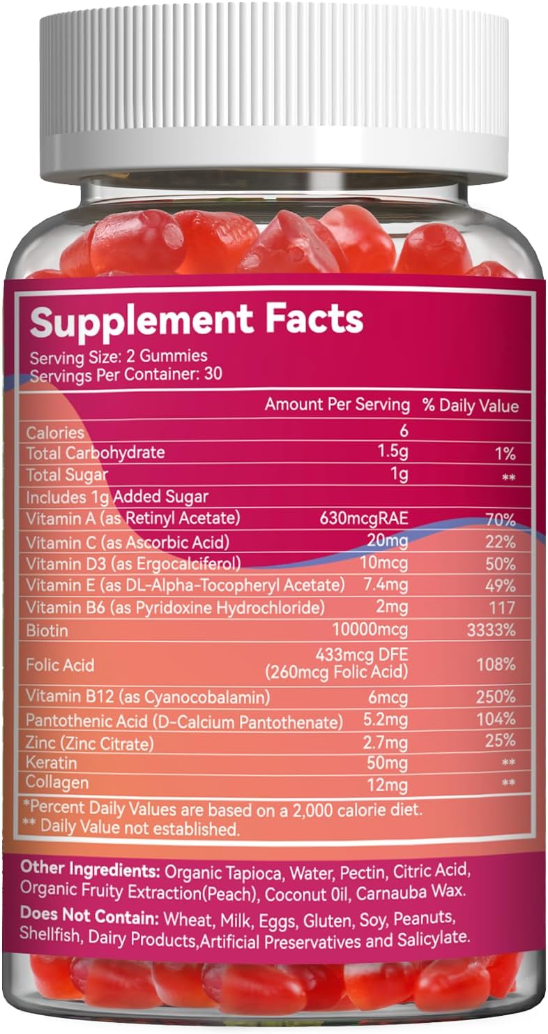 Hair Growth Biotin Gummies with Folic Acid & Vitamins for Women & Men, 10000 mcg - 60 Vegan Gummies for Hair Skin and Nails