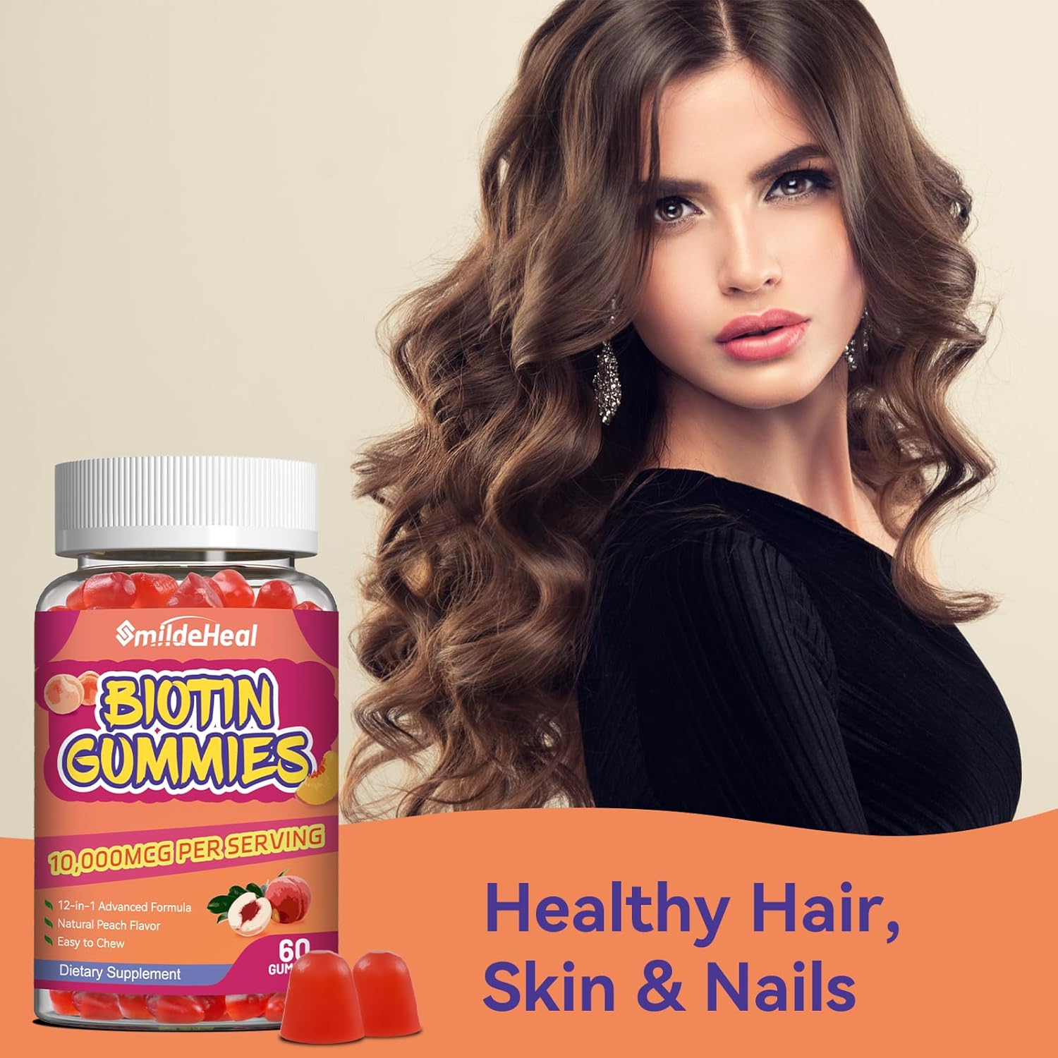 Hair Growth Biotin Gummies with Folic Acid & Vitamins for Women & Men, 10000 mcg - 60 Vegan Gummies for Hair Skin and Nails