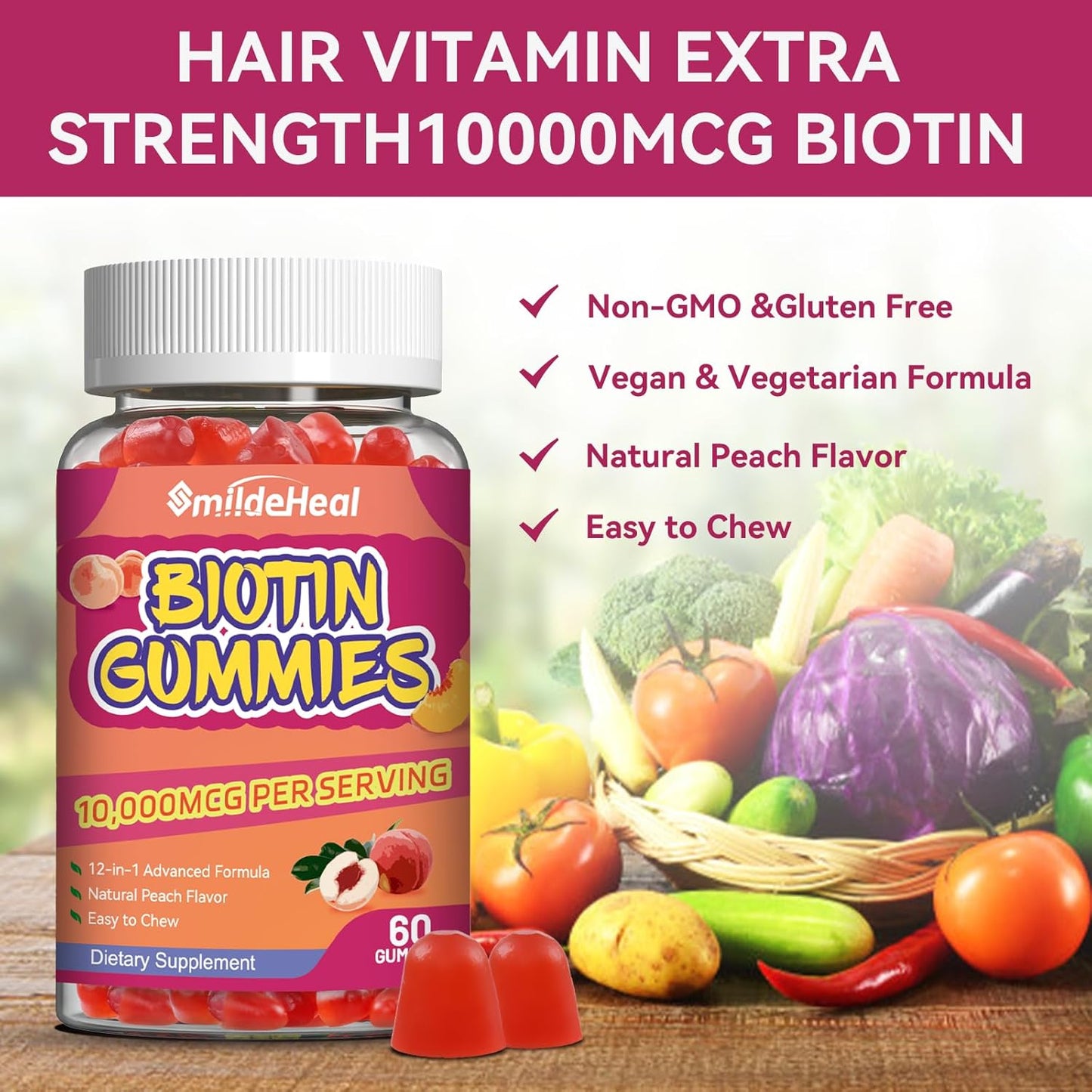 Hair Growth Biotin Gummies with Folic Acid & Vitamins for Women & Men, 10000 mcg - 60 Vegan Gummies for Hair Skin and Nails