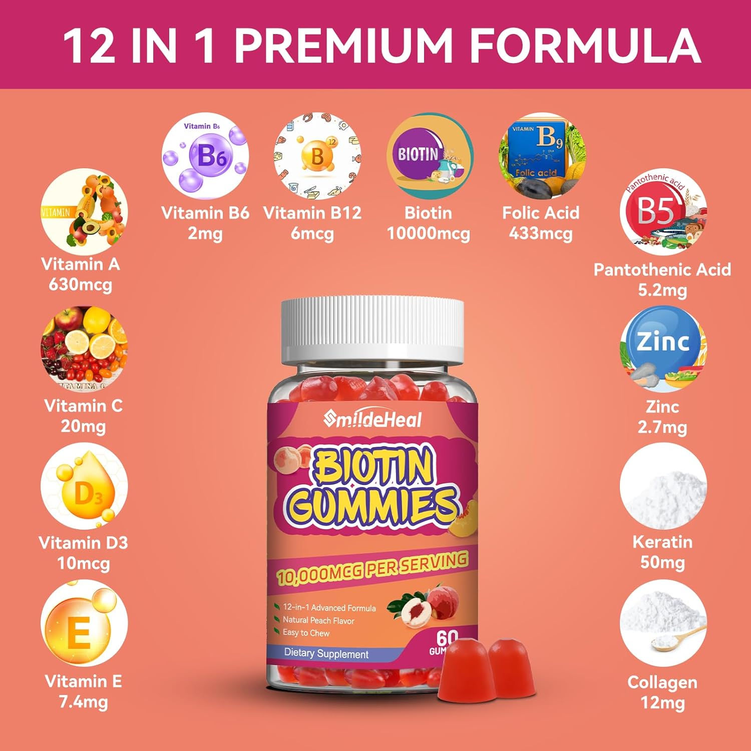 Hair Growth Biotin Gummies with Folic Acid & Vitamins for Women & Men, 10000 mcg - 60 Vegan Gummies for Hair Skin and Nails