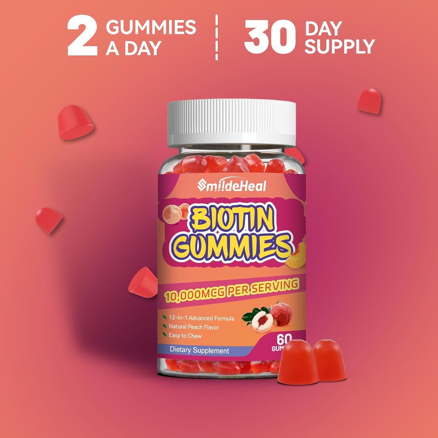 Hair Growth Biotin Gummies with Folic Acid & Vitamins for Women & Men, 10000 mcg - 60 Vegan Gummies for Hair Skin and Nails