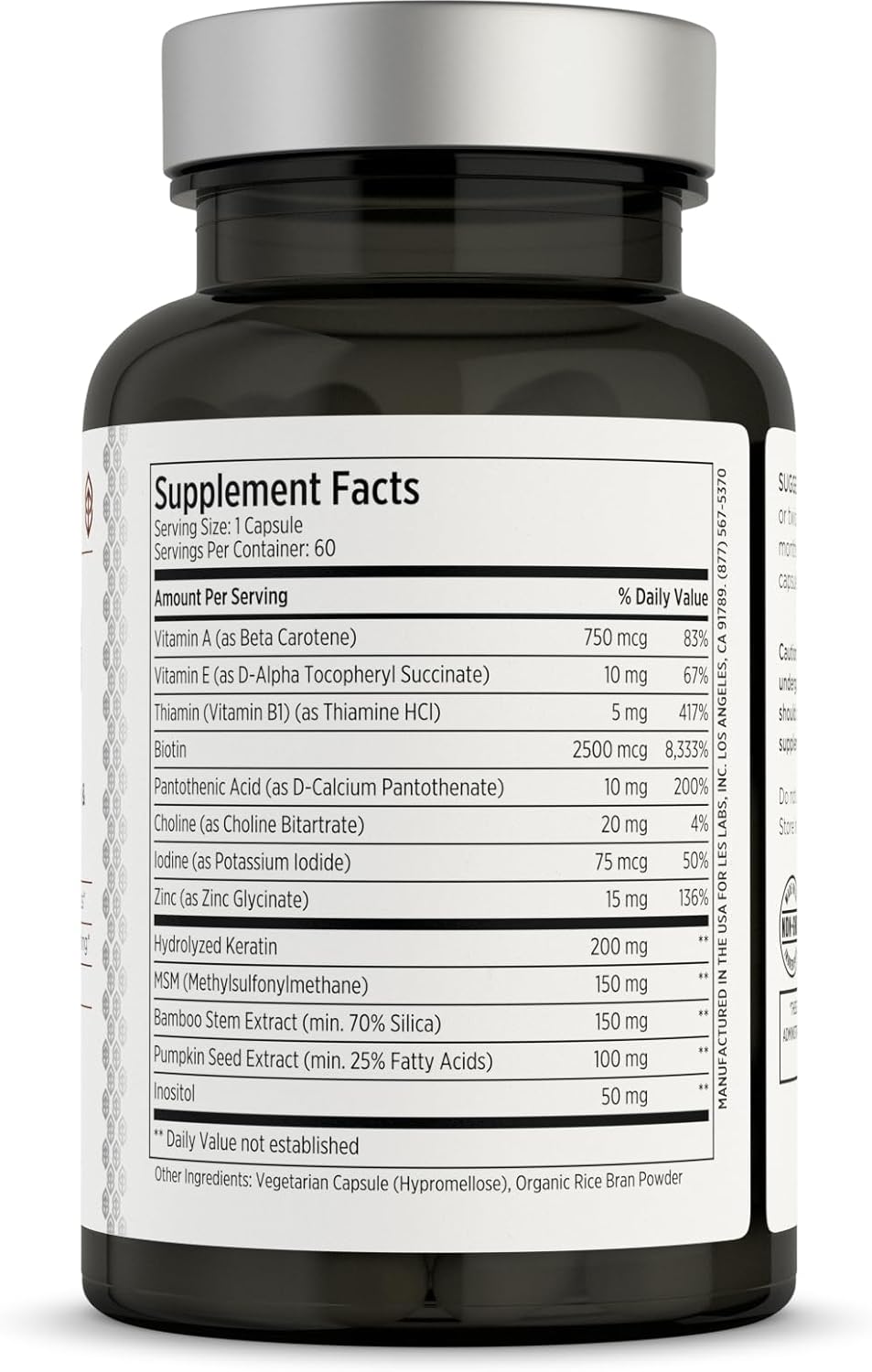 Hair Growth & Nails Supplement for Thickness, Strength, & Fullness - Keratin, Biotin, Pumpkin Seed, MSM - 60 Capsules by LES Labs