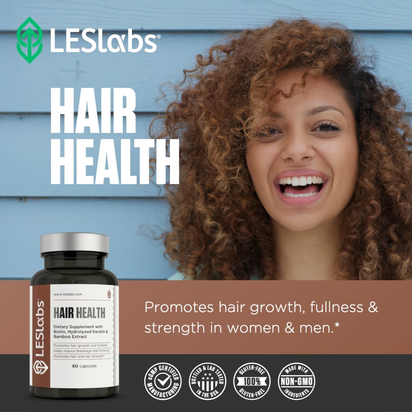 Hair Growth & Nails Supplement for Thickness, Strength, & Fullness - Keratin, Biotin, Pumpkin Seed, MSM - 60 Capsules by LES Labs