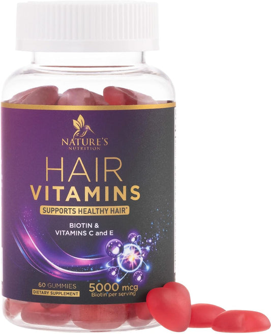 Hair Growth Supplement Gummy with Biotin 5000 mcg & Vitamin E/C - 60 Gummies for Stronger Hair, Skin & Nails - Nature's Nutrition Extra Strength Hair Vitamins