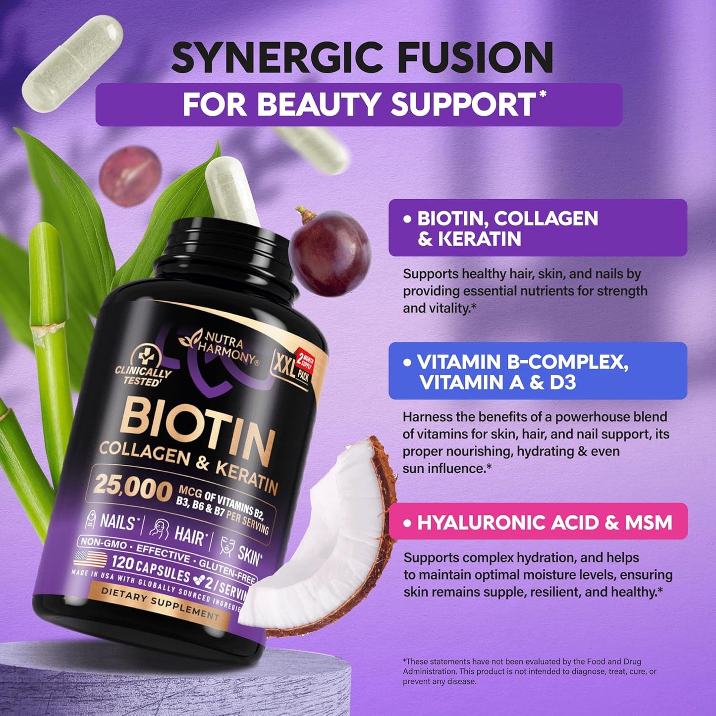 Hair Growth Support Supplement with Biotin, Collagen, and Keratin - Skin, Nails, and Vitamins Complex - 25000 mcg - Hyaluronic Acid - Made in USA - 120 Capsules