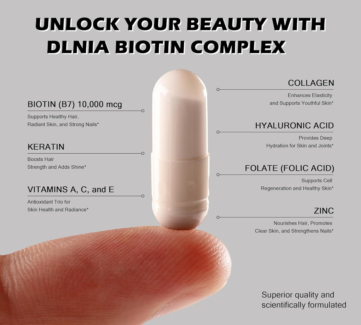 Hair Growth Support Supplement with Biotin, Collagen, and Keratin - Clinically Tested Complex for Skin, Nails, and Joints - 64000 mcg with Hyaluronic Acid and B Vitamins for Women & Men