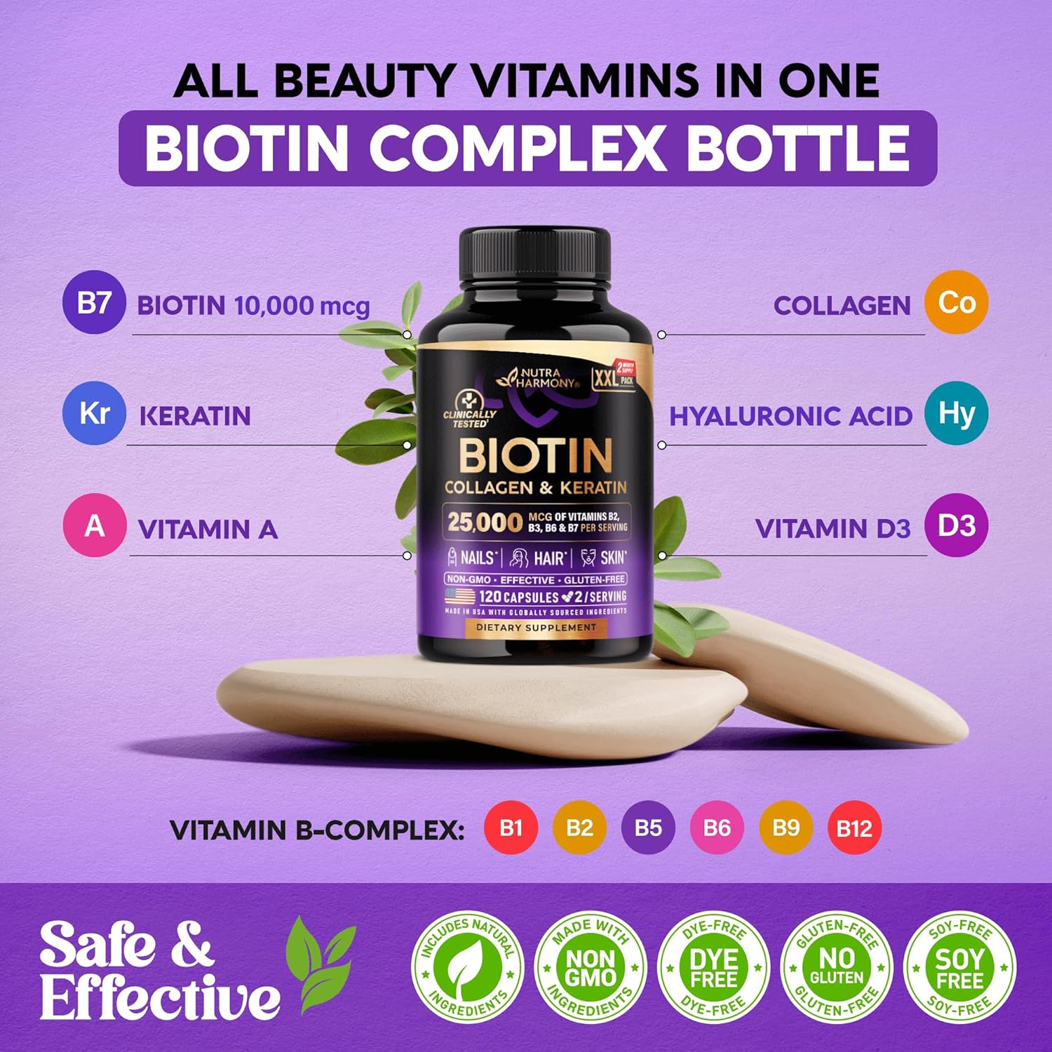 Hair Growth Support Supplement with Biotin, Collagen, and Keratin - Skin, Nails, and Vitamins Complex - 25000 mcg - Hyaluronic Acid - Made in USA - 120 Capsules