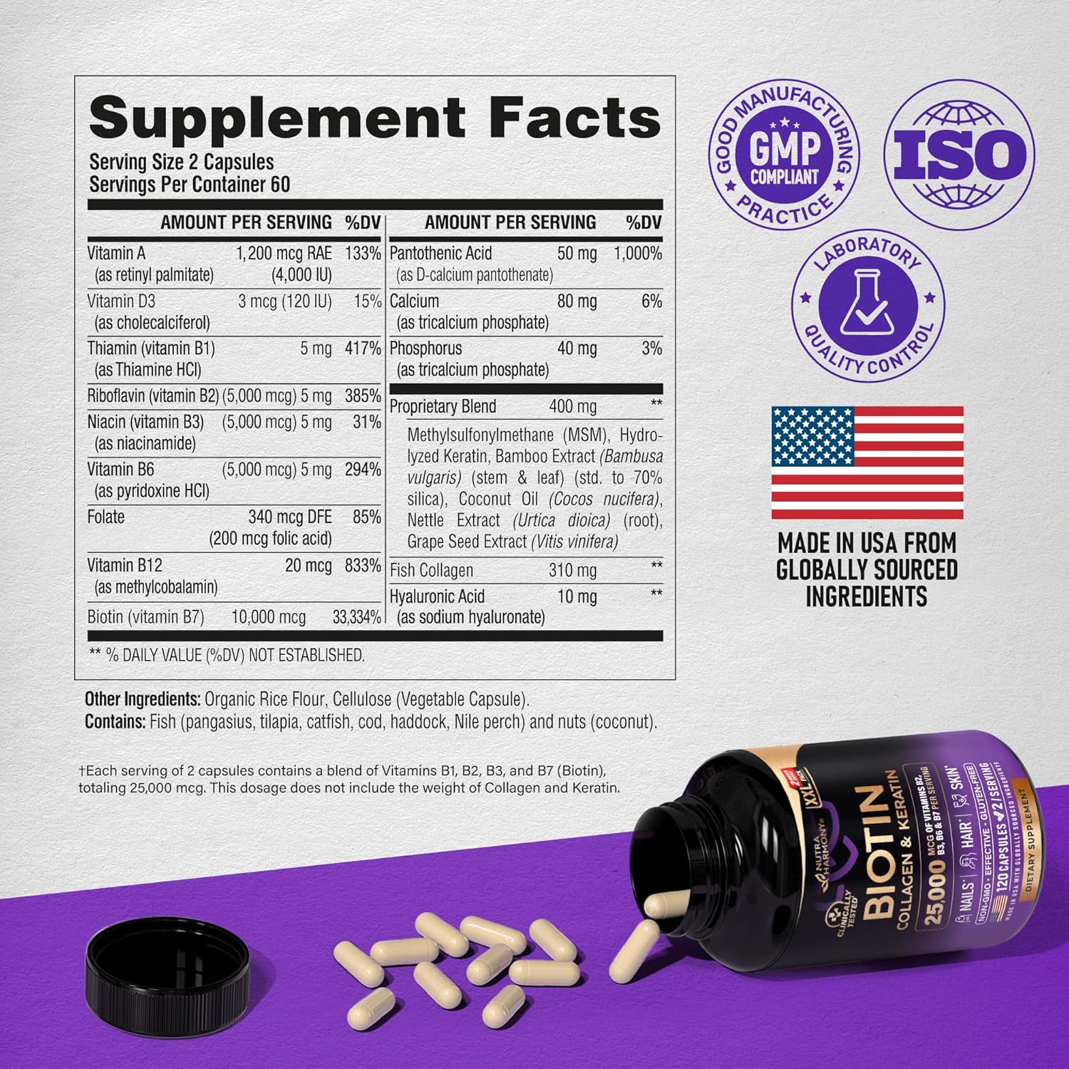 Hair Growth Support Supplement with Biotin, Collagen, and Keratin - Skin, Nails, and Vitamins Complex - 25000 mcg - Hyaluronic Acid - Made in USA - 120 Capsules