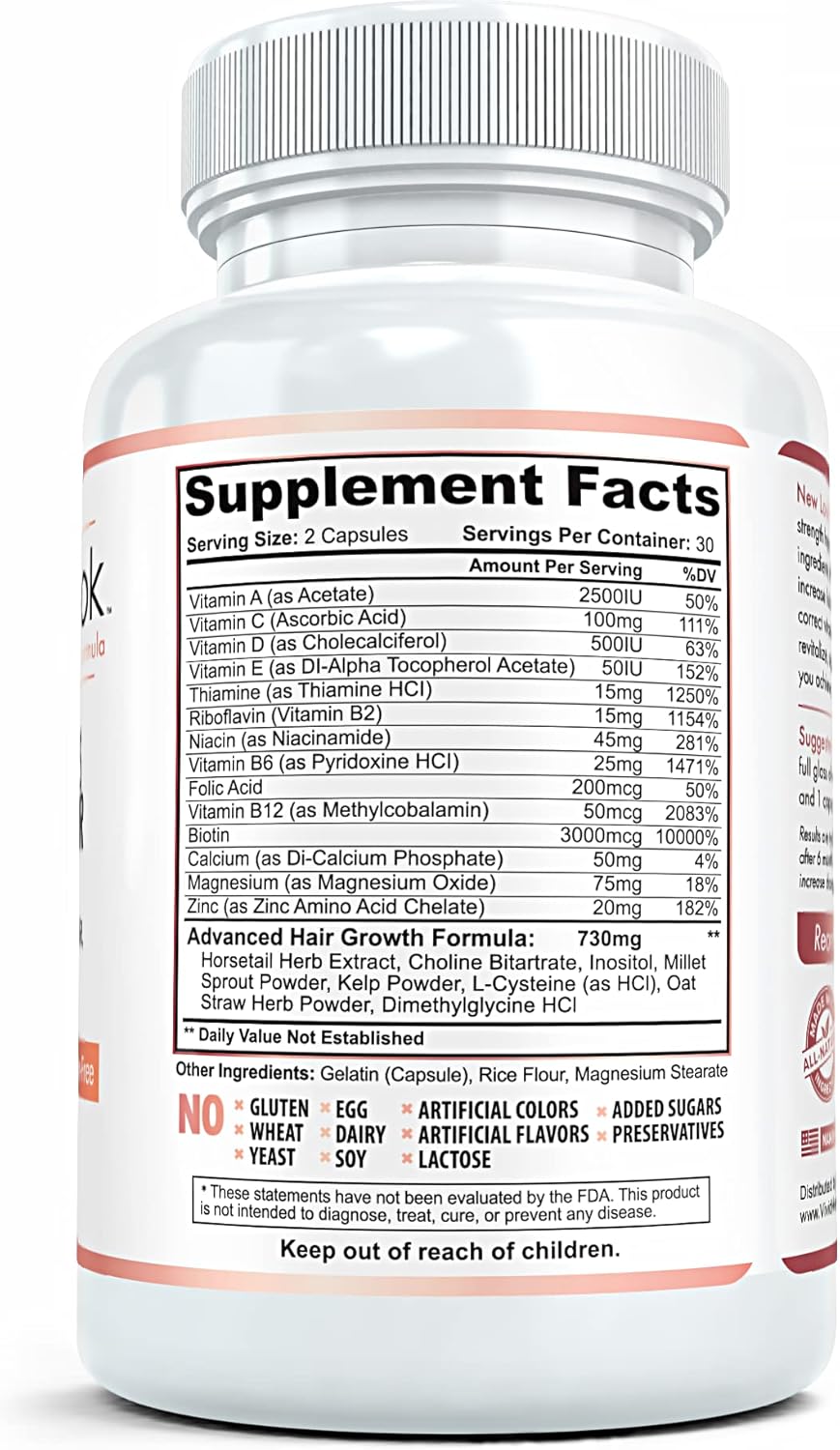 Hair Growth Support Vitamins for Women and Men - Clinical Strength Supplement for Thicker, Fuller Hair with Biotin - 60 Capsules by Vivid Health Nutrition