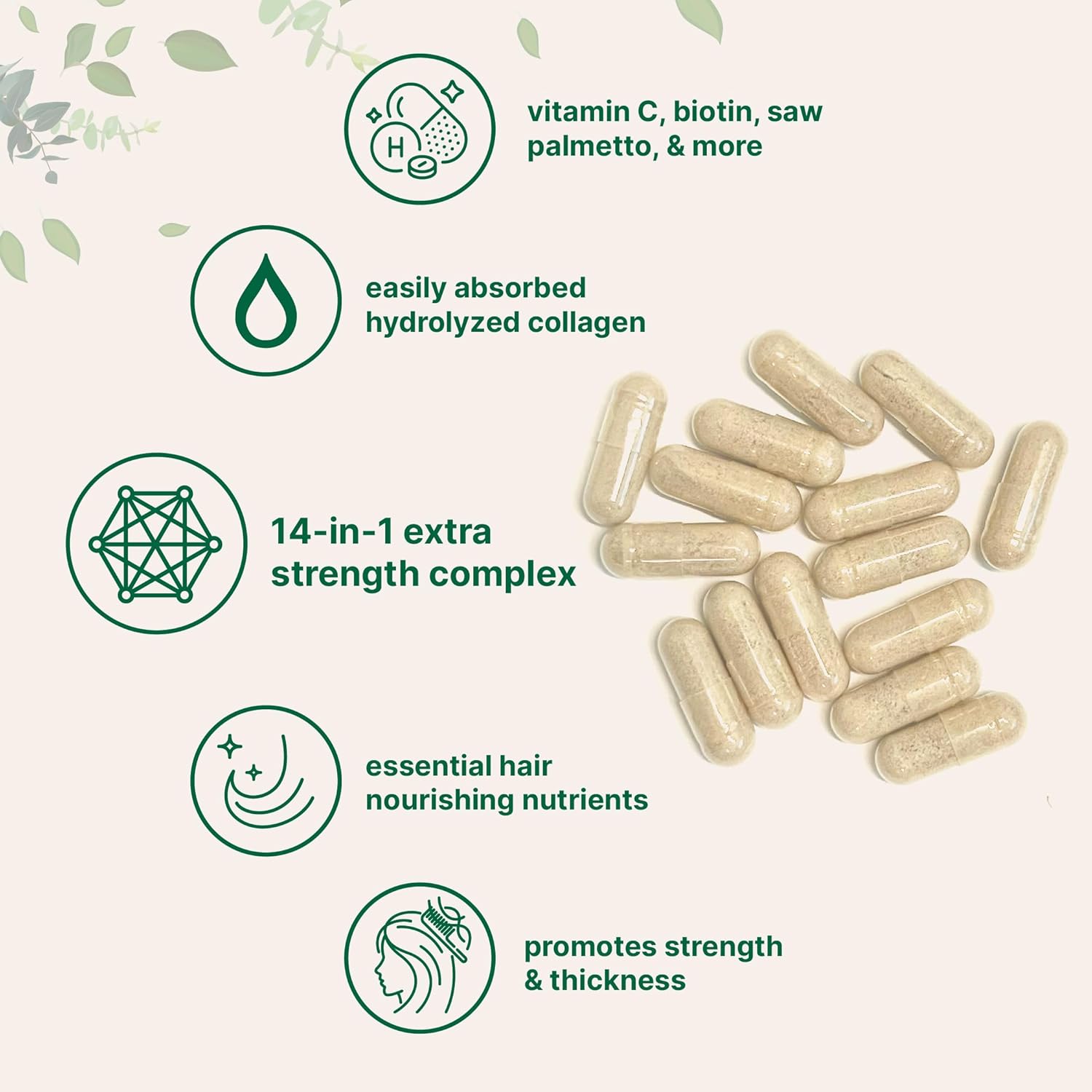 Hair Growth Vitamins Complex with 14-in-1 Formula - 120 Capsules | Includes Biotin, Collagen, Keratin, Vitamin C, Saw Palmetto & More | Promotes Natural Growth & Thickness | Vitaminas Para El Cabello