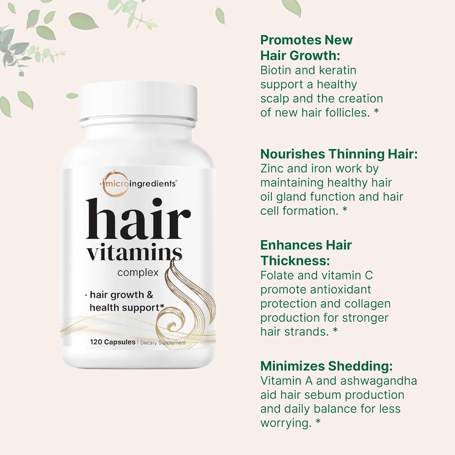 Hair Growth Vitamins Complex with 14-in-1 Formula - 120 Capsules | Includes Biotin, Collagen, Keratin, Vitamin C, Saw Palmetto & More | Promotes Natural Growth & Thickness | Vitaminas Para El Cabello