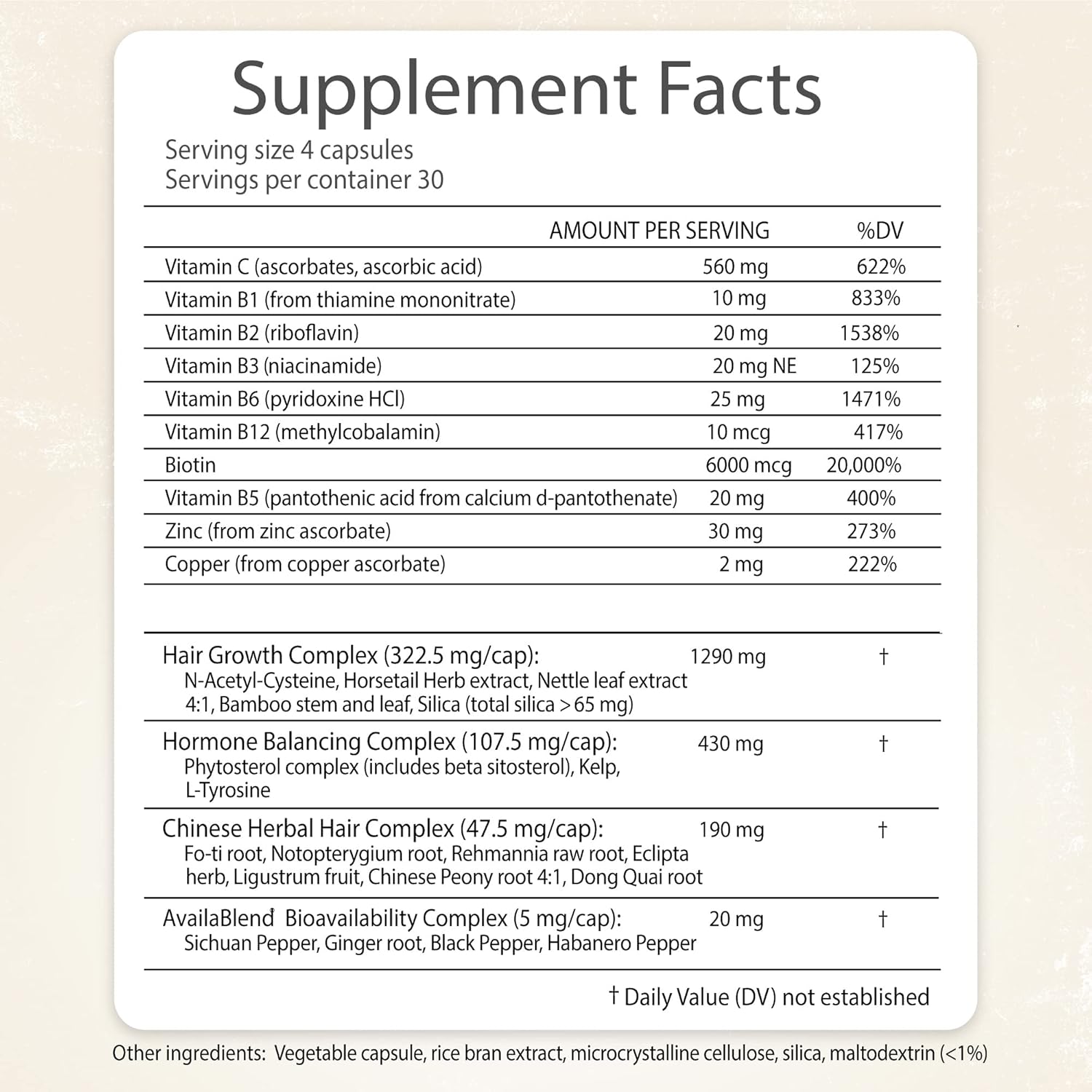 Hair ReVive Nutritional Supplement for Women - Vitamin C, Biotin, Zinc, Copper - Promotes Healthy Hair, Skin, Nails - 120 Capsules