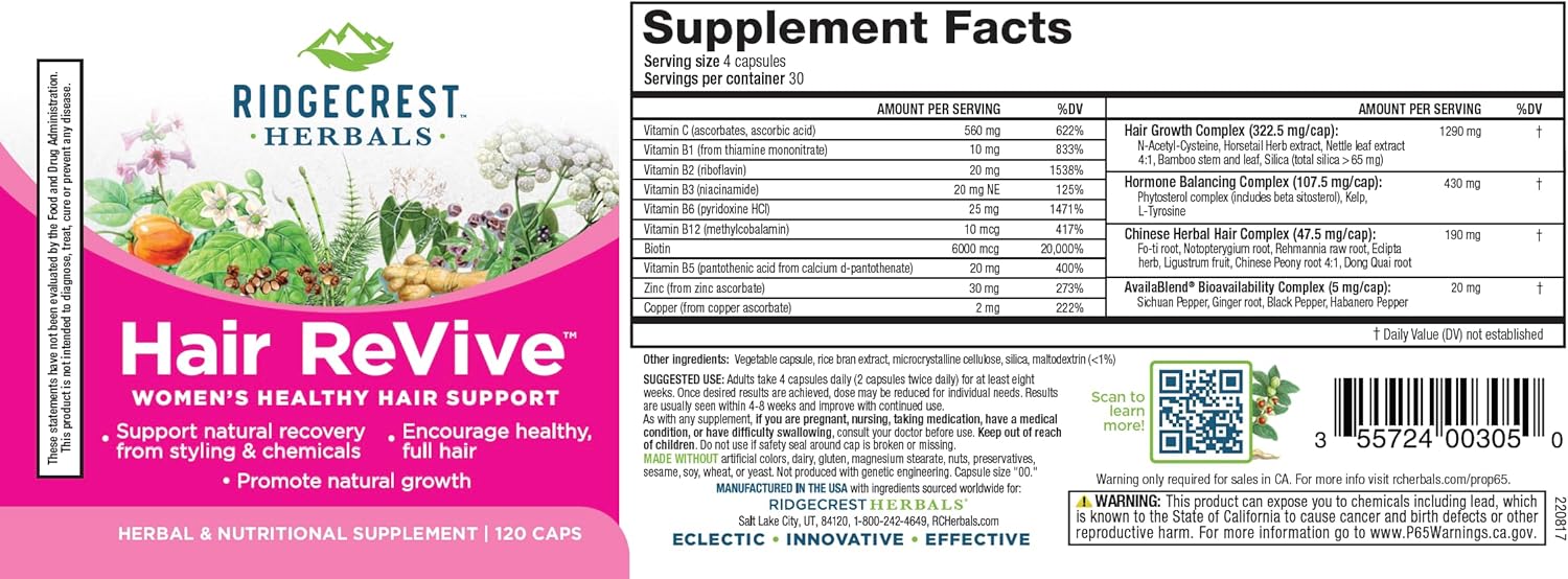 Hair ReVive Nutritional Supplement for Women - Vitamin C, Biotin, Zinc, Copper - Promotes Healthy Hair, Skin, Nails - 120 Capsules