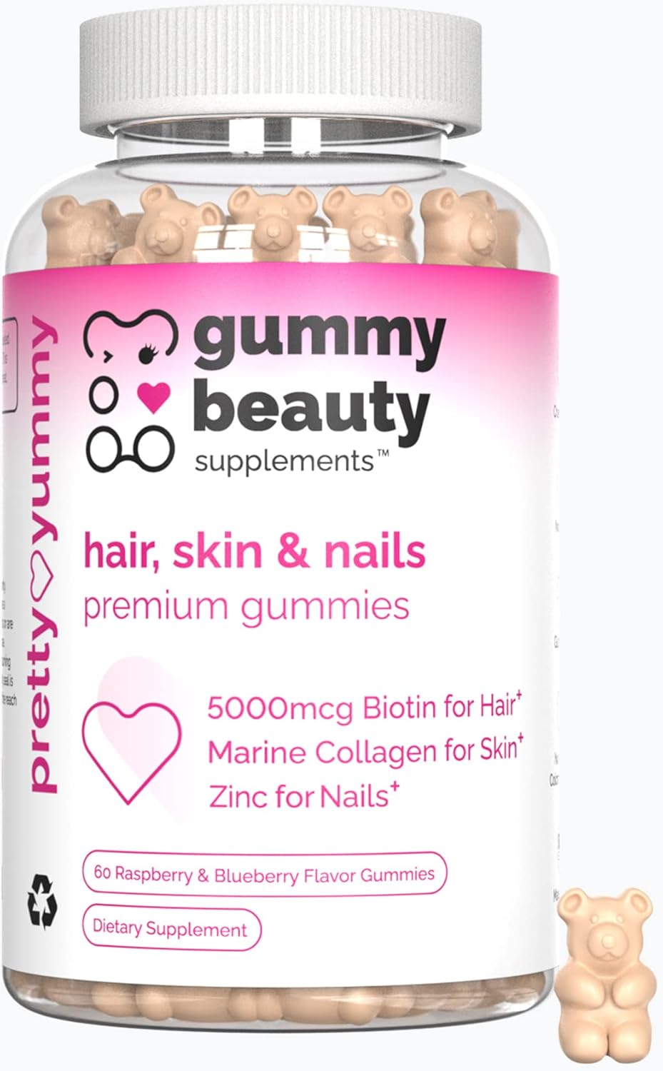 Hair, Skin, and Nails Gummies with Biotin, Marine Collagen, and Vitamins - 60 Count, Gluten-Free and Non-GMO Raspberry & Blueberry Flavor