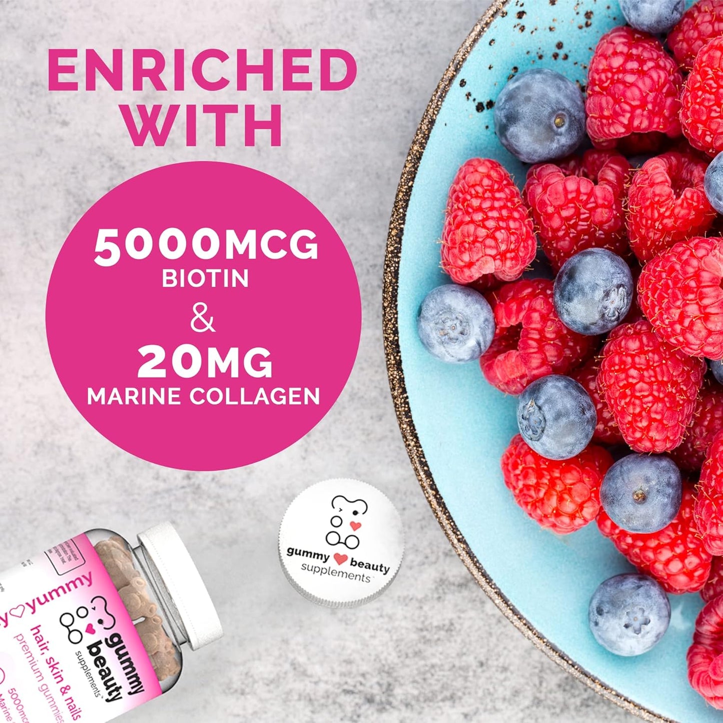 Hair, Skin, and Nails Gummies with Biotin, Marine Collagen, and Vitamins - 60 Count, Gluten-Free and Non-GMO Raspberry & Blueberry Flavor