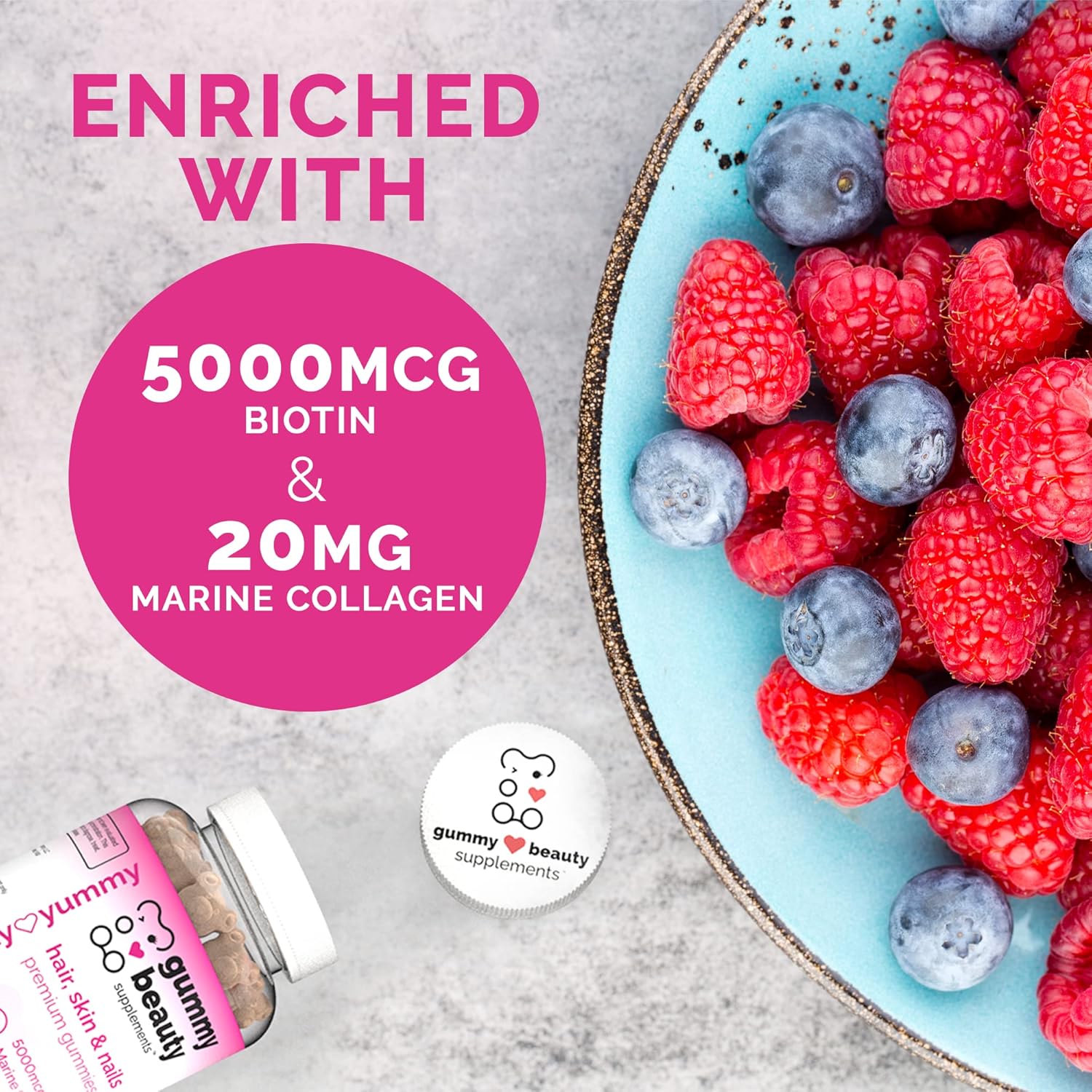Hair, Skin, and Nails Gummies with Biotin, Marine Collagen, and Vitamins - 60 Count, Gluten-Free and Non-GMO Raspberry & Blueberry Flavor