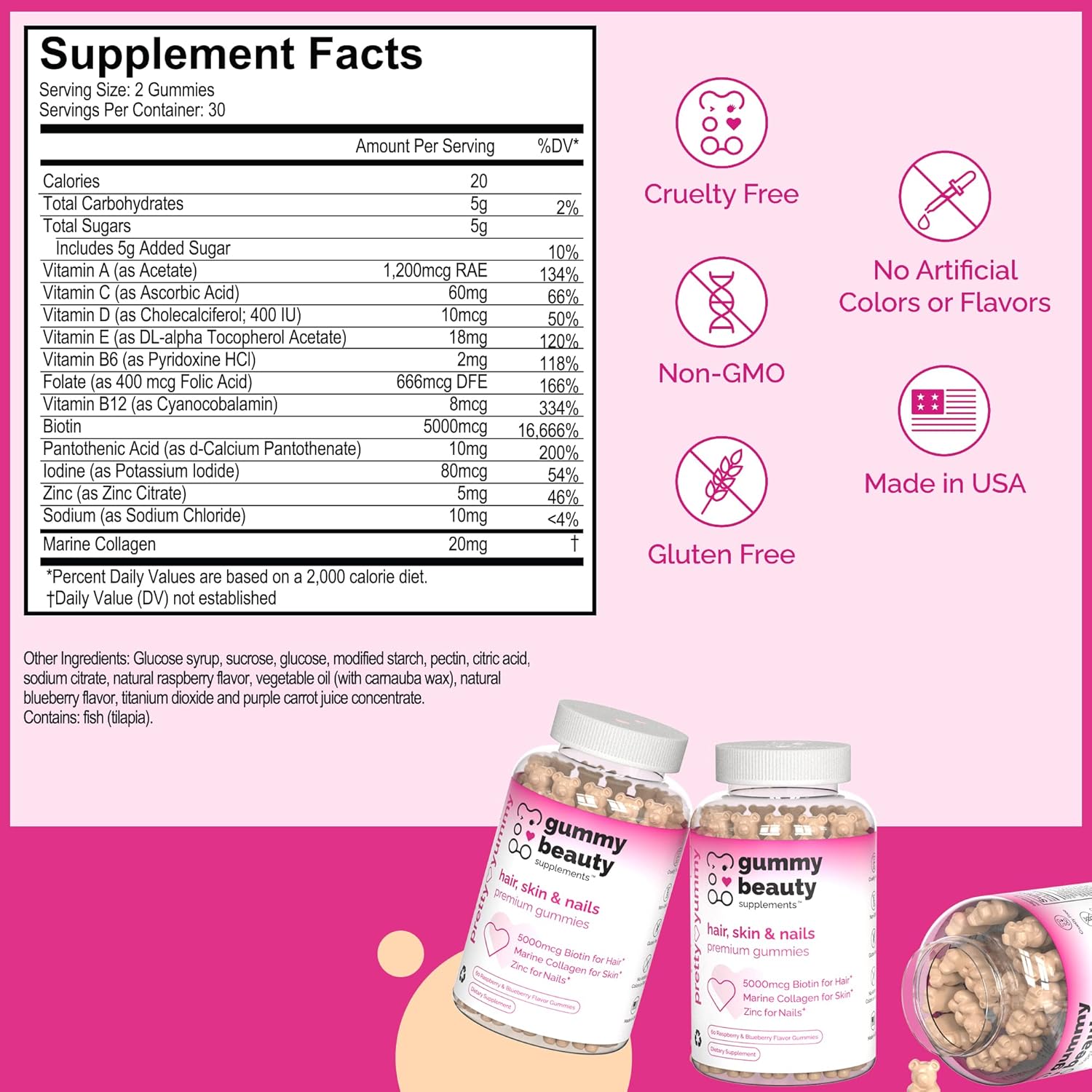 Hair, Skin, and Nails Gummies with Biotin, Marine Collagen, and Vitamins - 60 Count, Gluten-Free and Non-GMO Raspberry & Blueberry Flavor