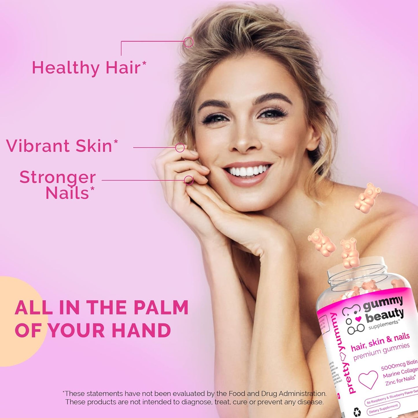 Hair, Skin, and Nails Gummies with Biotin, Marine Collagen, and Vitamins - 60 Count, Gluten-Free and Non-GMO Raspberry & Blueberry Flavor