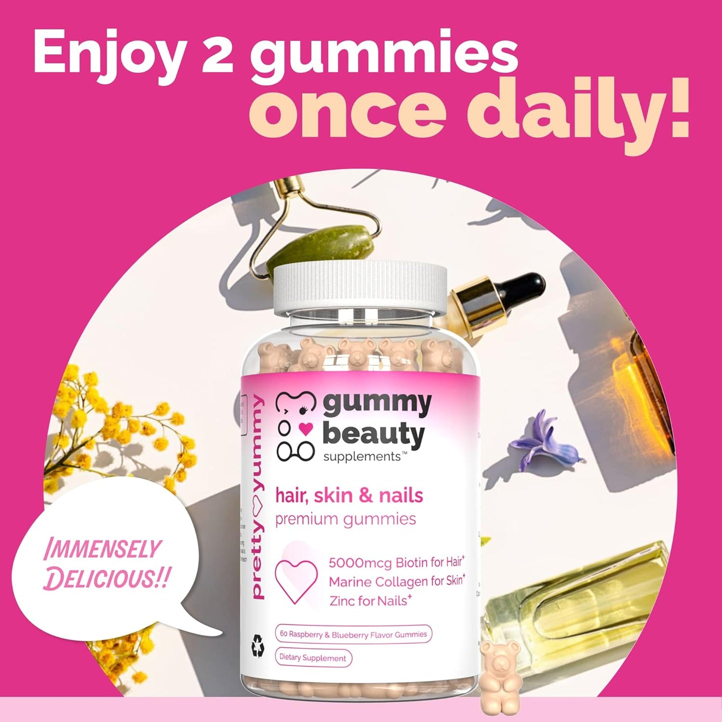 Hair, Skin, and Nails Gummies with Biotin, Marine Collagen, and Vitamins - 60 Count, Gluten-Free and Non-GMO Raspberry & Blueberry Flavor