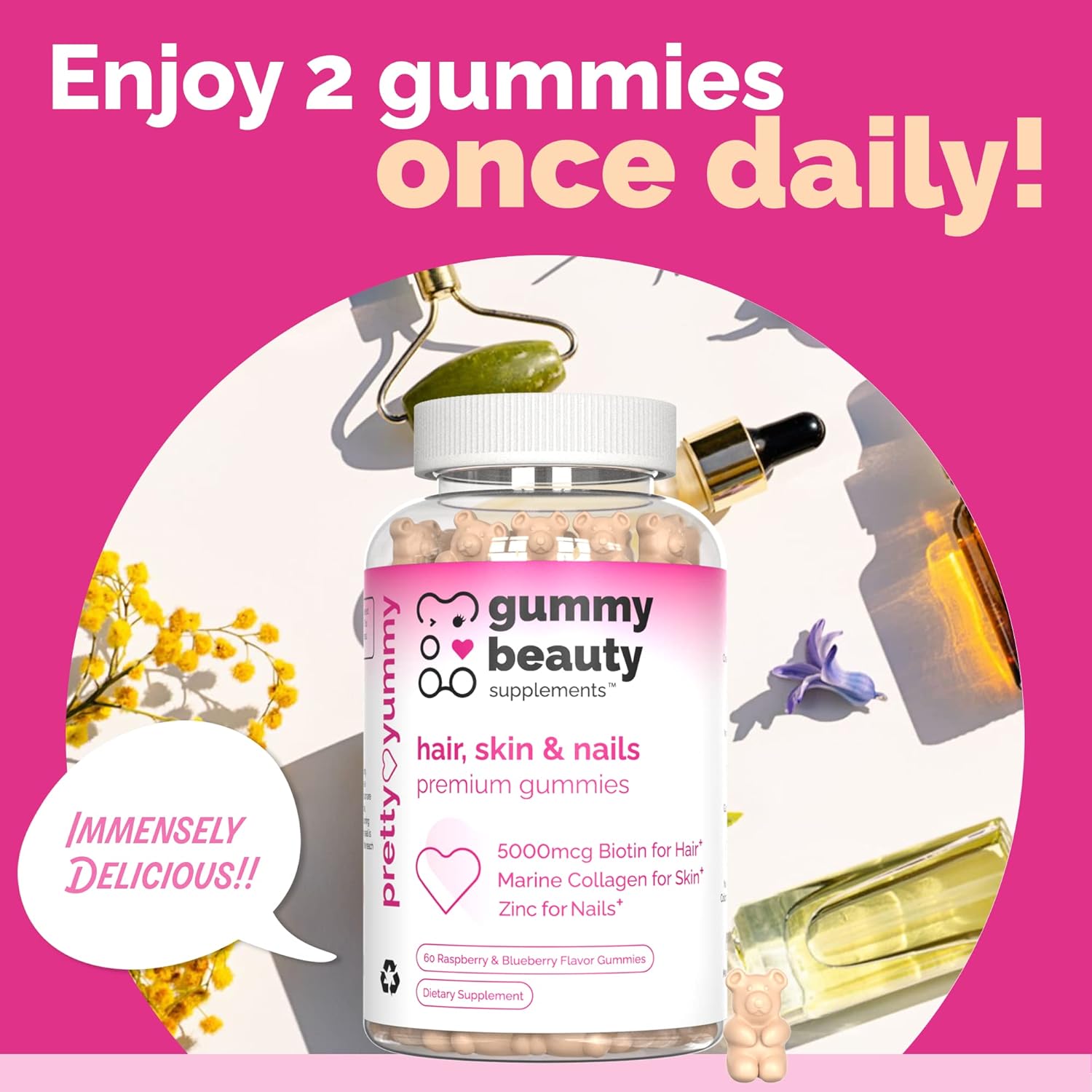 Hair, Skin, and Nails Gummies with Biotin, Marine Collagen, and Vitamins - 60 Count, Gluten-Free and Non-GMO Raspberry & Blueberry Flavor