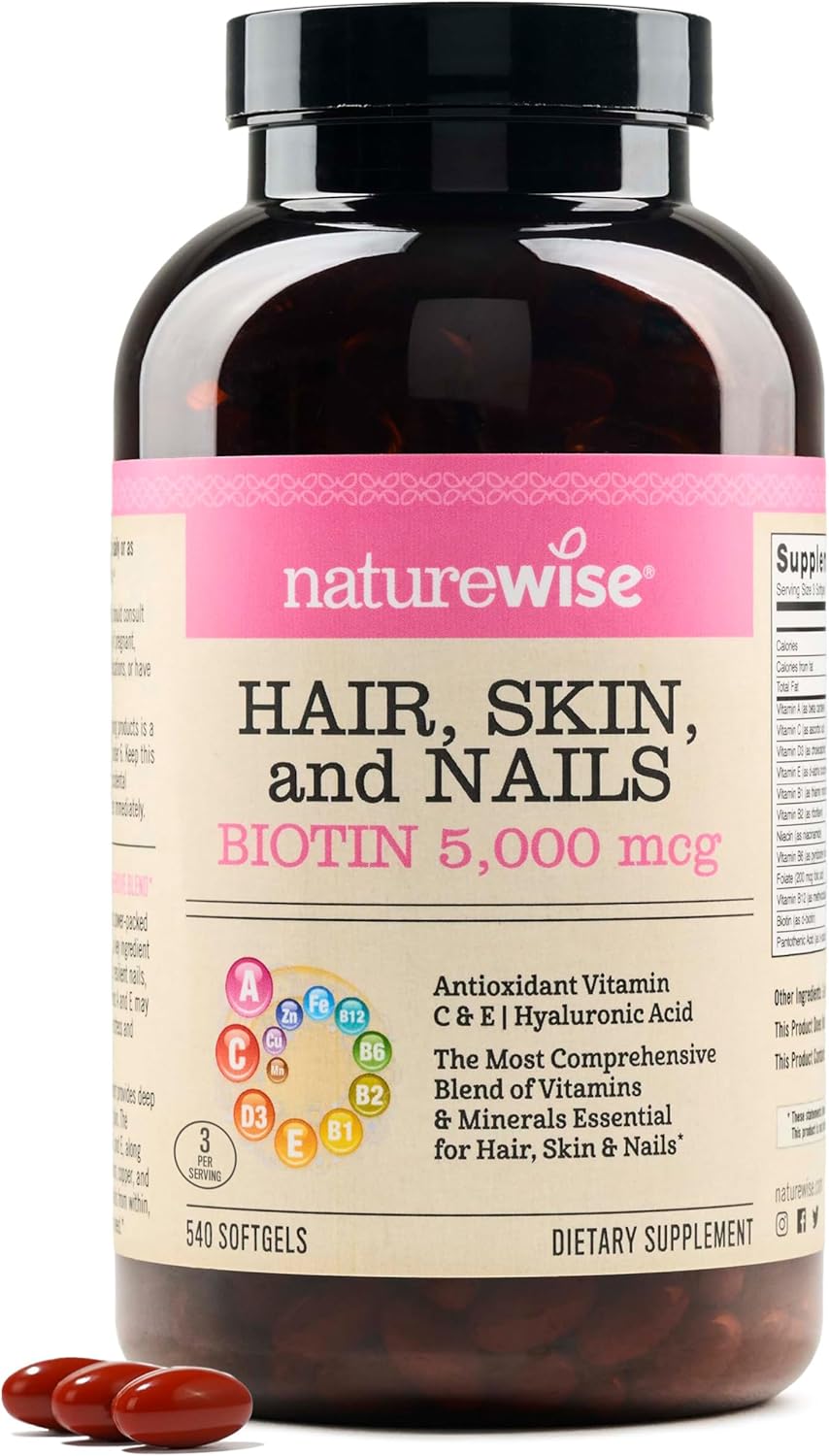 Hair Skin and Nails Vitamin with Biotin 5000mcg, Hyaluronic Acid, Collagen - Women's B Complex, D3, A, E, Iron - Non-GMO, Gluten Free - 540 Softgels [6-Month Supply] by NatureWise