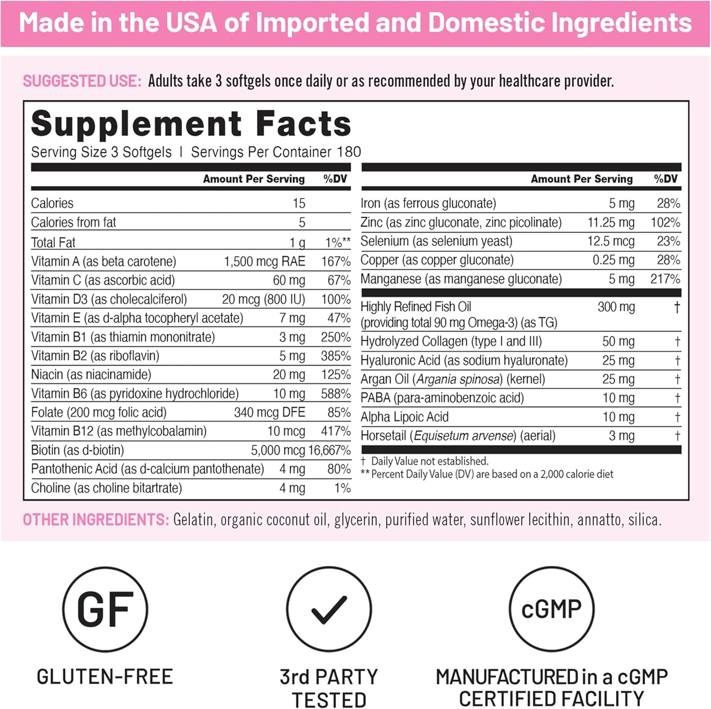 Hair Skin and Nails Vitamin with Biotin 5000mcg, Hyaluronic Acid, Collagen - Women's B Complex, D3, A, E, Iron - Non-GMO, Gluten Free - 540 Softgels [6-Month Supply] by NatureWise